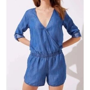 Ann Taylor LOFT Chambray Surplice V-Neck Romper Playsuit Roll Tab Sleeve 2XL P